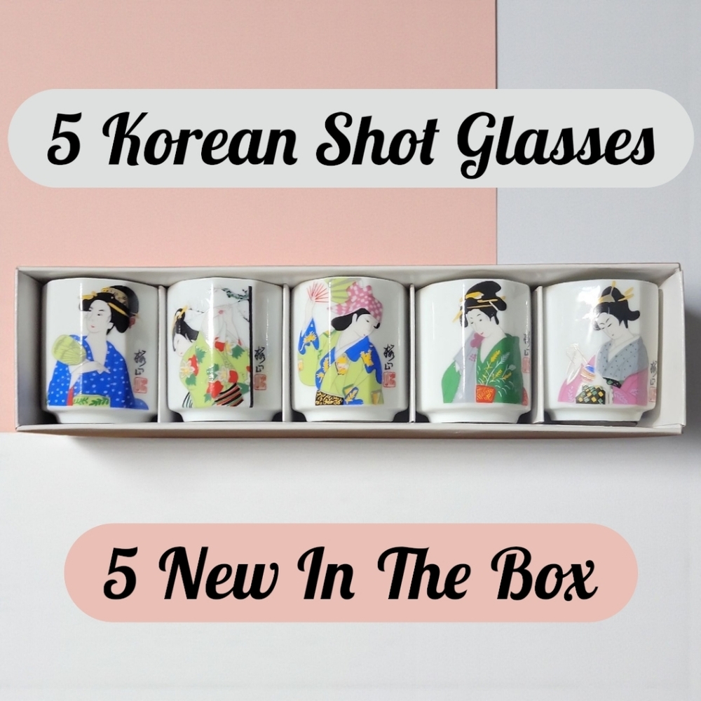 Vtg 5 Korean Shot Glasses/Sake Geisha Girls "Folk Drinking Cup" Porcelain